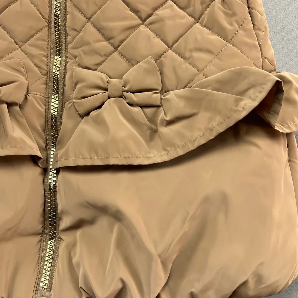 Nannette Puffer Vest Girls 6 Brown Lined Quilted Hooded Bow Insulated Full Zip